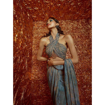 Nirmooha Pre Draped Chiffon Printed Saree with Halter Neck Blouse