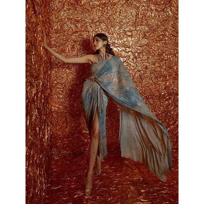 Nirmooha Pre Draped Chiffon Printed Saree with Halter Neck Blouse