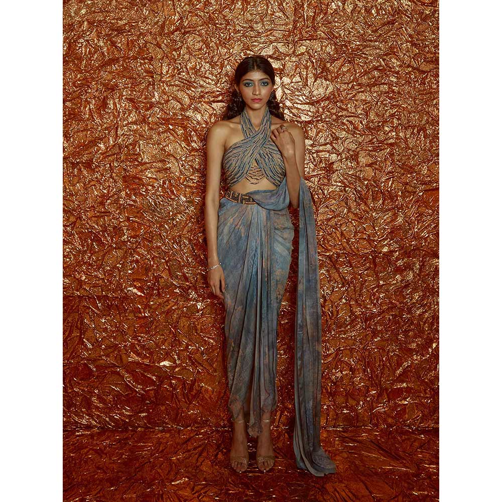 Nirmooha Pre Draped Chiffon Printed Saree with Halter Neck Blouse