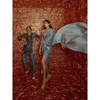 Nirmooha Pre Draped Chiffon Printed Saree with Halter Neck Blouse