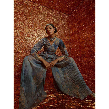 Nirmooha Velvet Printed Tie Up Top with Printed Chiffon Sharara (Set of 2)