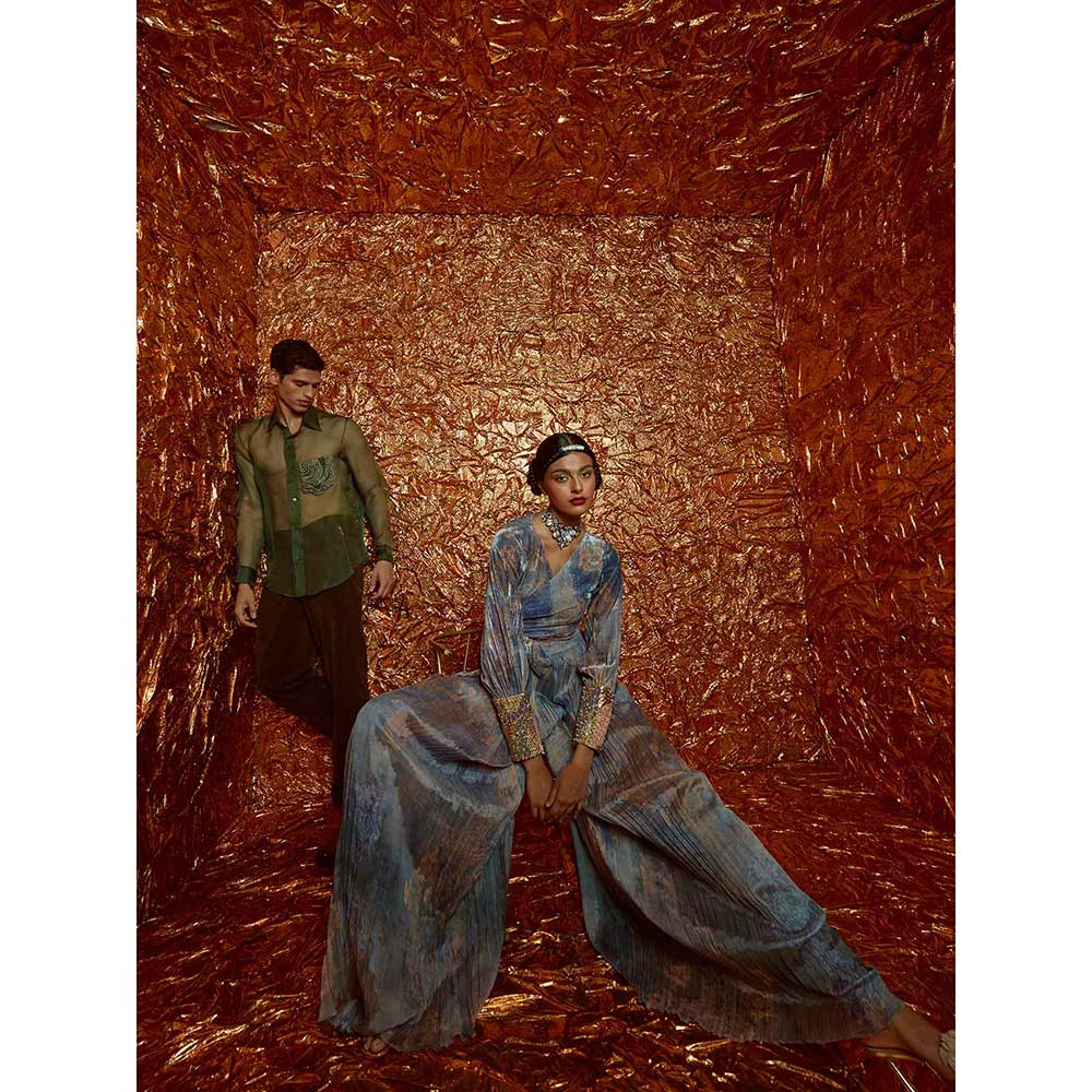 Nirmooha Velvet Printed Tie Up Top with Printed Chiffon Sharara (Set of 2)