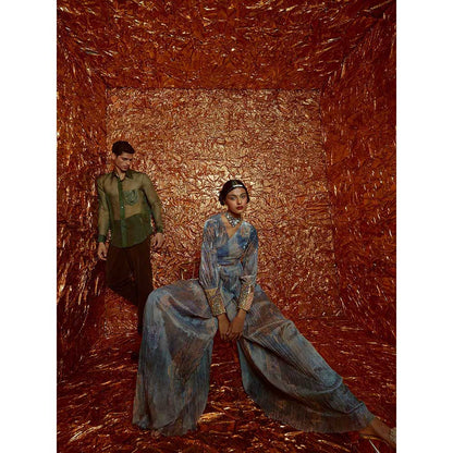 Nirmooha Velvet Printed Tie Up Top with Printed Chiffon Sharara (Set of 2)