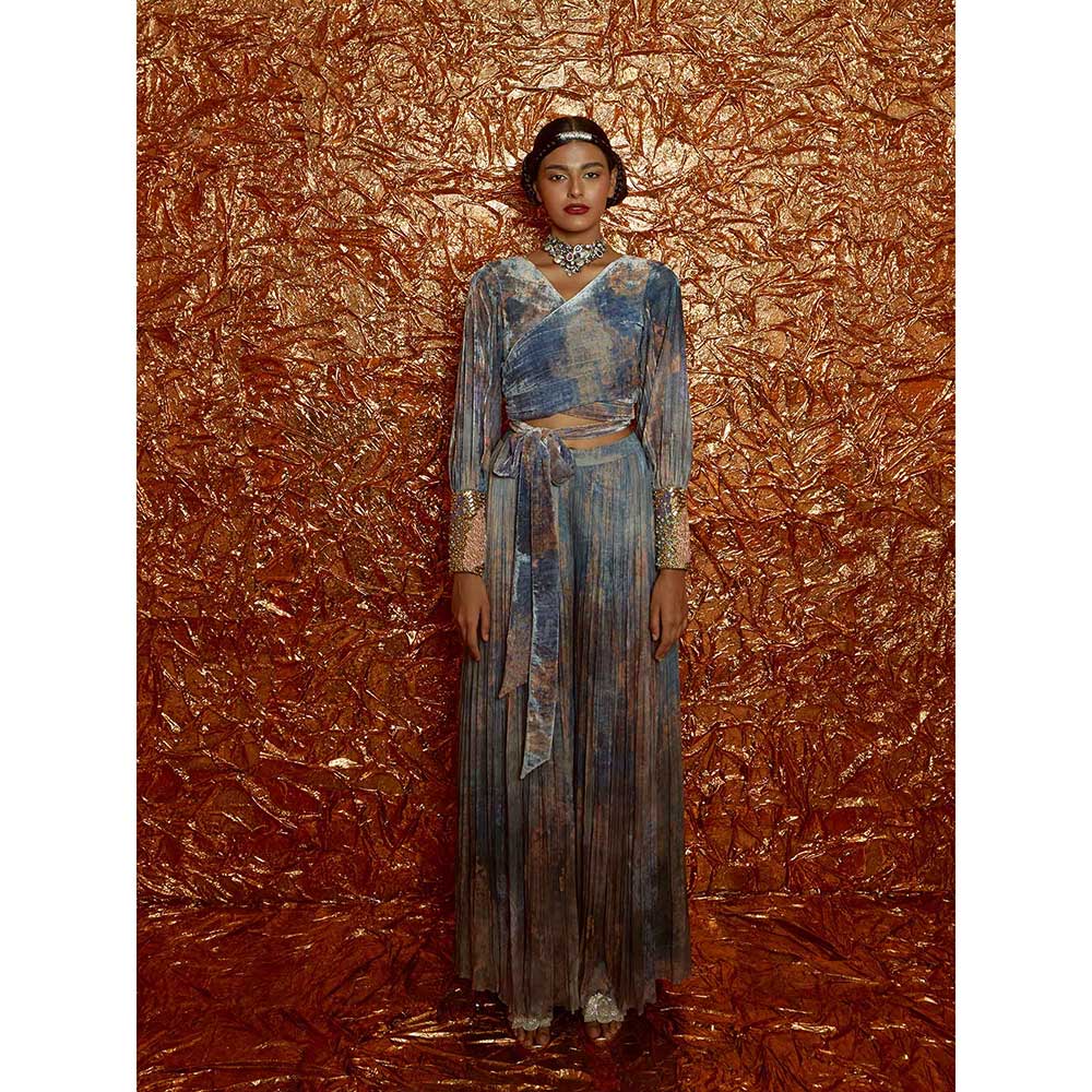 Nirmooha Velvet Printed Tie Up Top with Printed Chiffon Sharara (Set of 2)