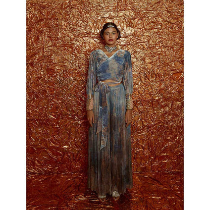 Nirmooha Velvet Printed Tie Up Top with Printed Chiffon Sharara (Set of 2)