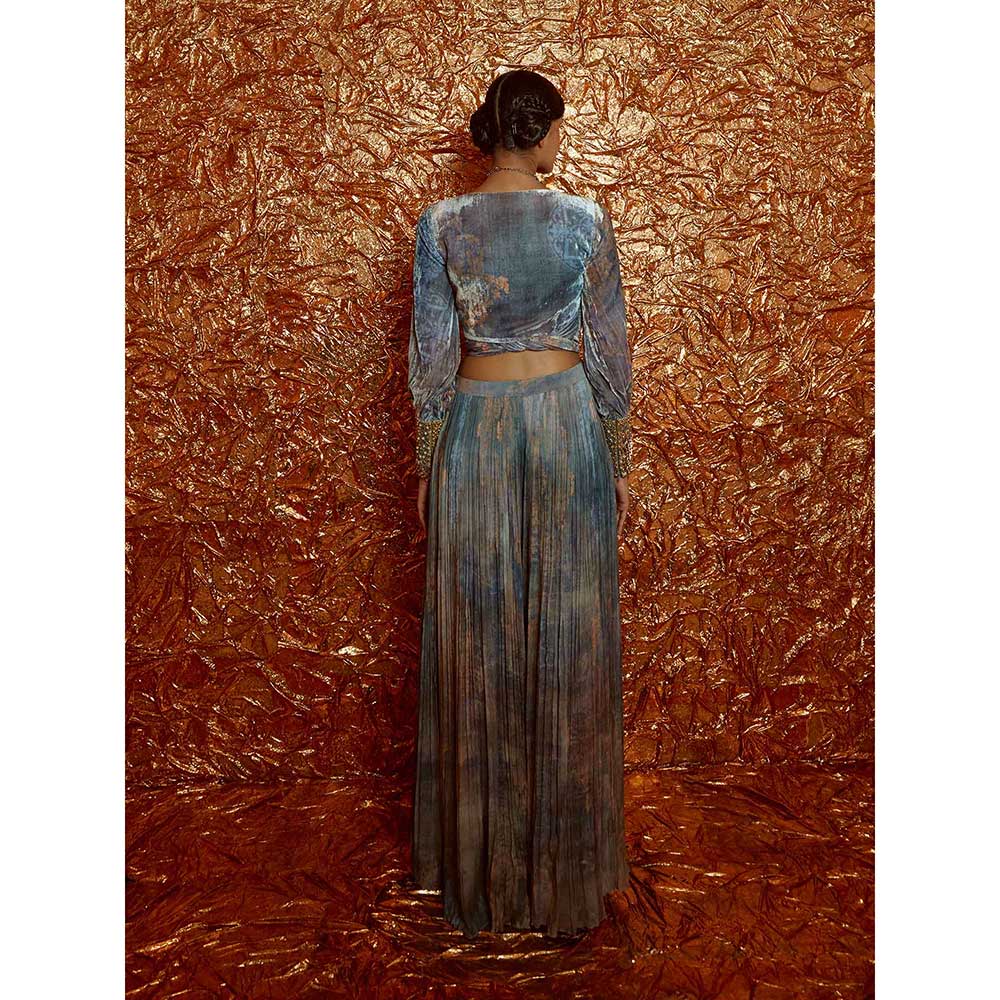 Nirmooha Velvet Printed Tie Up Top with Printed Chiffon Sharara (Set of 2)