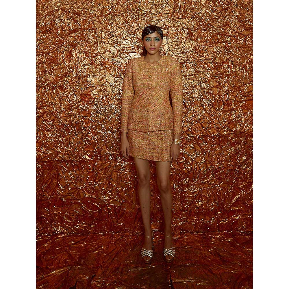Nirmooha Yellow Tweed Jacket Paired with Mini Skirt (Set of 2)