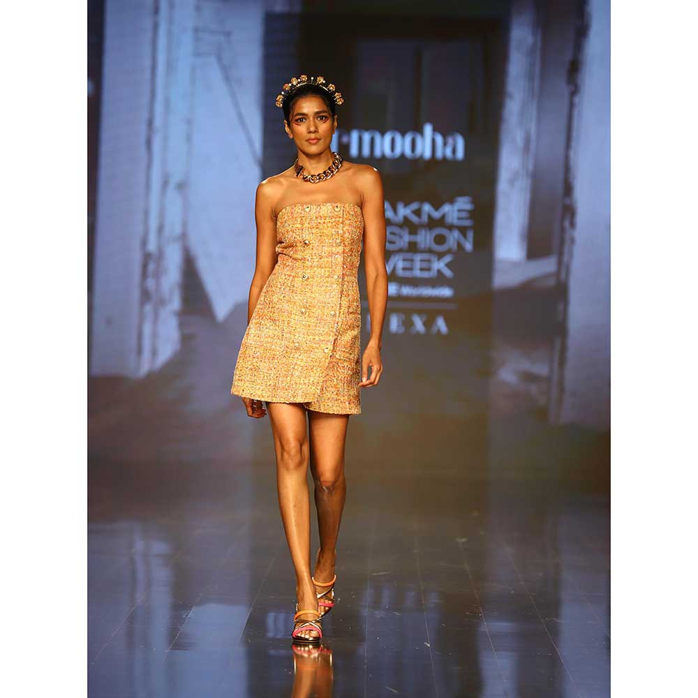 Nirmooha Yellow Tweed Mini Dress with Sequin Highlights
