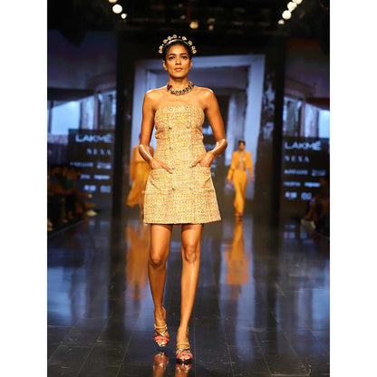 Nirmooha Yellow Tweed Mini Dress with Sequin Highlights