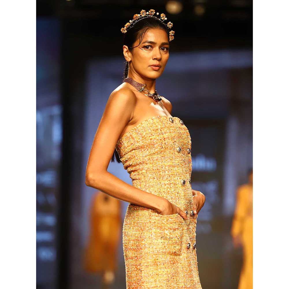 Nirmooha Yellow Tweed Mini Dress with Sequin Highlights