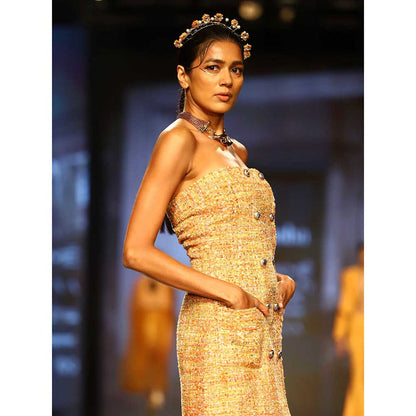 Nirmooha Yellow Tweed Mini Dress with Sequin Highlights