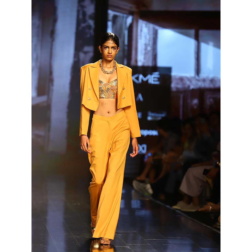 Nirmooha Mustard Suiting Crop Blazer Embellished Bustier Pant (Set of 3)