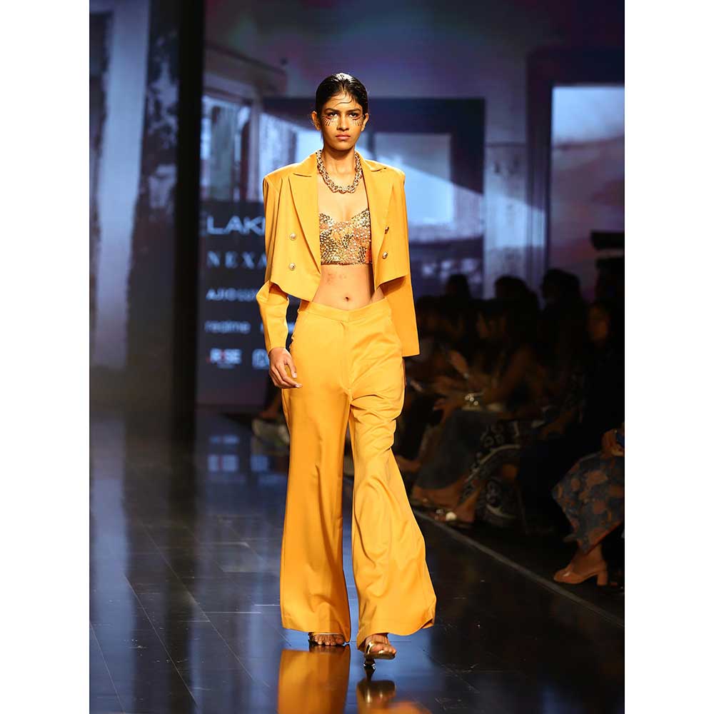 Nirmooha Mustard Suiting Crop Blazer Embellished Bustier Pant (Set of 3)