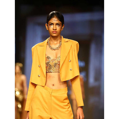 Nirmooha Mustard Suiting Crop Blazer Embellished Bustier Pant (Set of 3)