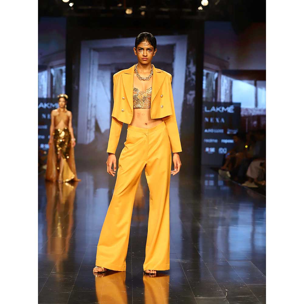 Nirmooha Mustard Suiting Crop Blazer Embellished Bustier Pant (Set of 3)