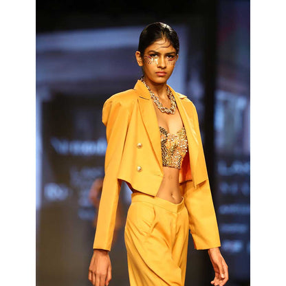 Nirmooha Mustard Suiting Crop Blazer Embellished Bustier Pant (Set of 3)