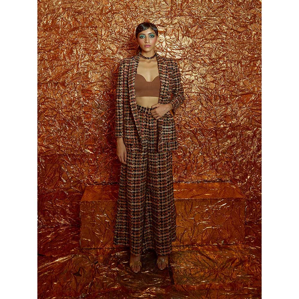 Nirmooha Black Tweed Oversized Blazer and Pants with Bustier (Set of 3)