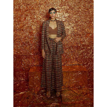 Nirmooha Black Tweed Oversized Blazer and Pants with Bustier (Set of 3)