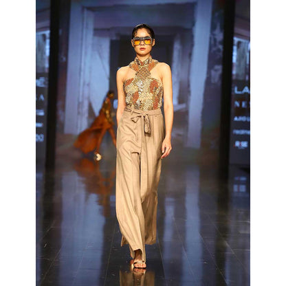 Nirmooha Halter Neck Embellished Bodysuit Paired with Boot Cut Pants and Belt (Set of 3)