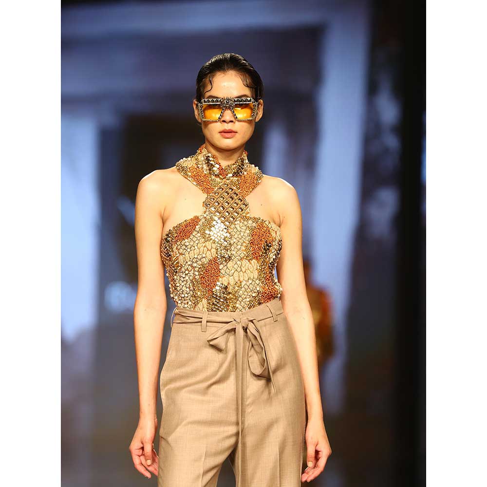 Nirmooha Halter Neck Embellished Bodysuit Paired with Boot Cut Pants and Belt (Set of 3)