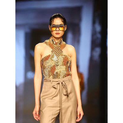 Nirmooha Halter Neck Embellished Bodysuit Paired with Boot Cut Pants and Belt (Set of 3)