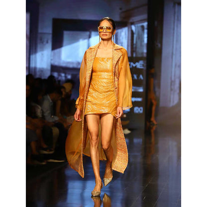 Nirmooha Yellow Lurex Draped Short Dress Sequin Tweed Panel and Belt (Set of 3)