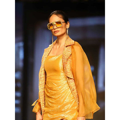 Nirmooha Yellow Lurex Draped Short Dress Sequin Tweed Panel and Belt (Set of 3)