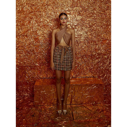 Nirmooha Tan Micro Organza Cording Tie Up Top with Black Tweed Mini Skirt (Set of 2)