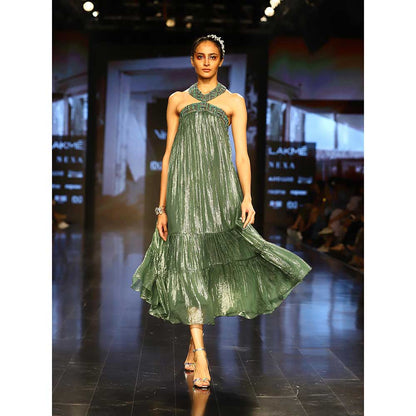 Nirmooha Lurex Tiered Midi Dress with Embellished Neckline