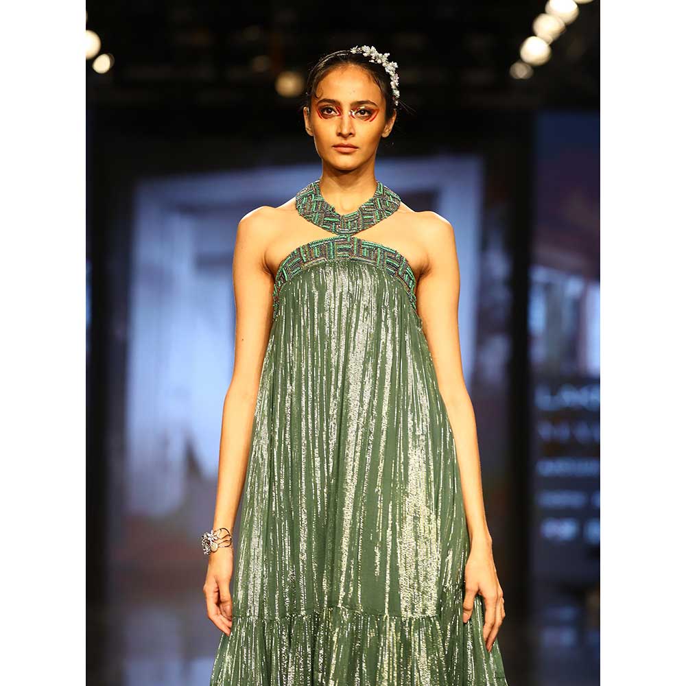 Nirmooha Lurex Tiered Midi Dress with Embellished Neckline