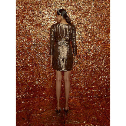 Nirmooha Brown Lurex Overlapping Draped Dress