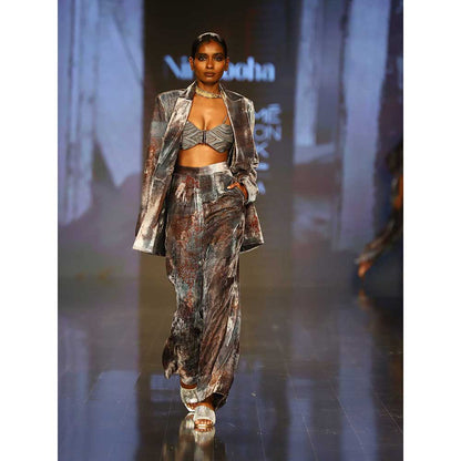 Nirmooha Printed Velvet Oversized Blazer with Flared Pants and Cording Bralette (Set of 3)