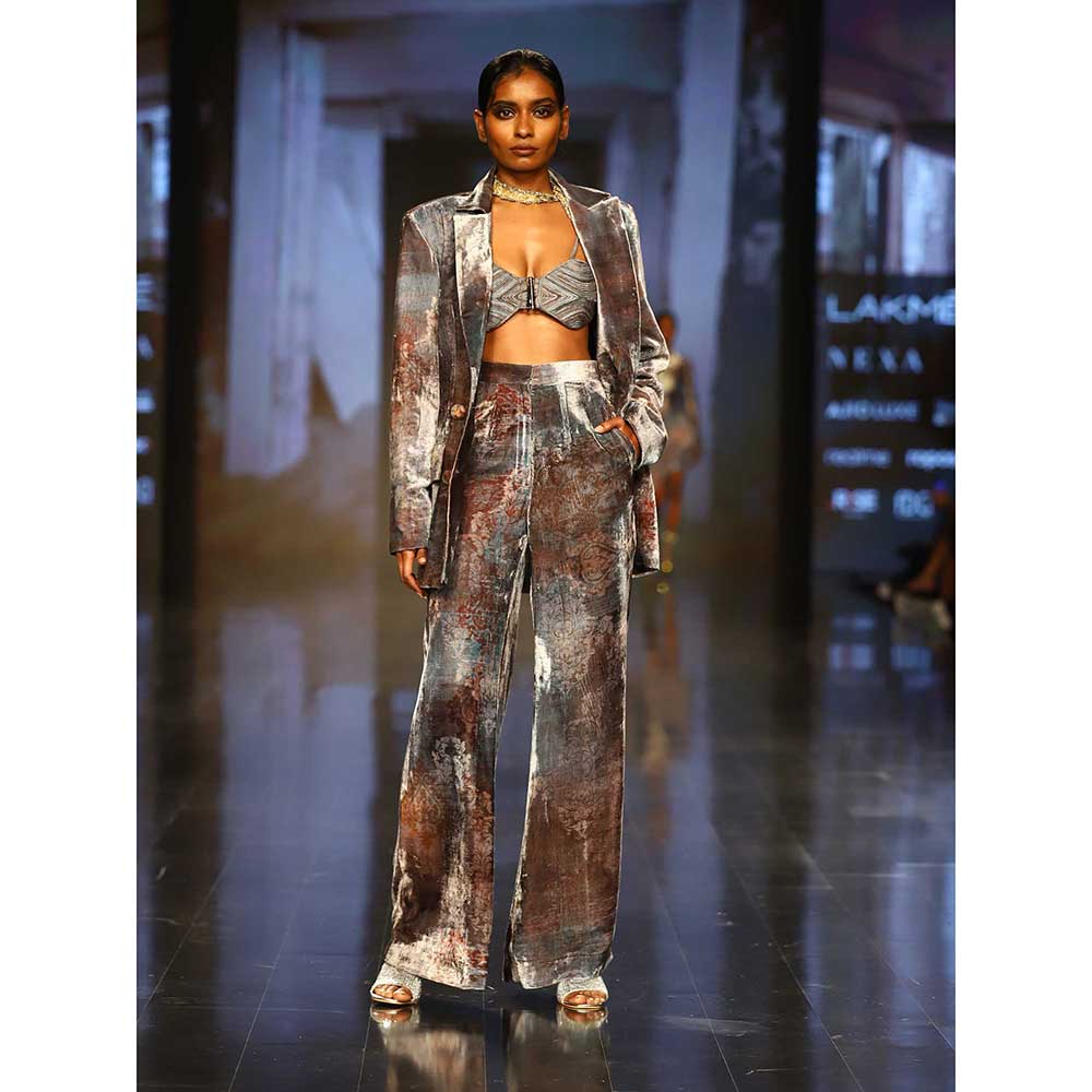 Nirmooha Printed Velvet Oversized Blazer with Flared Pants and Cording Bralette (Set of 3)