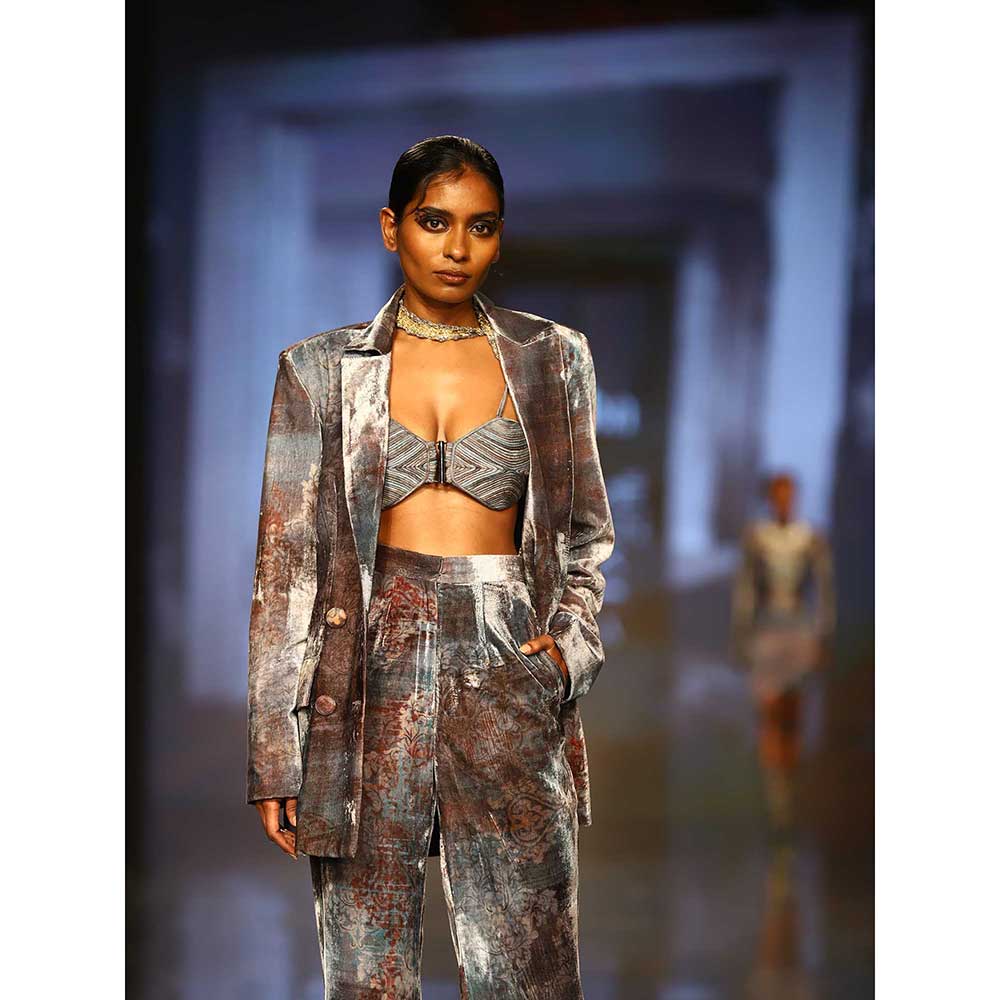 Nirmooha Printed Velvet Oversized Blazer with Flared Pants and Cording Bralette (Set of 3)