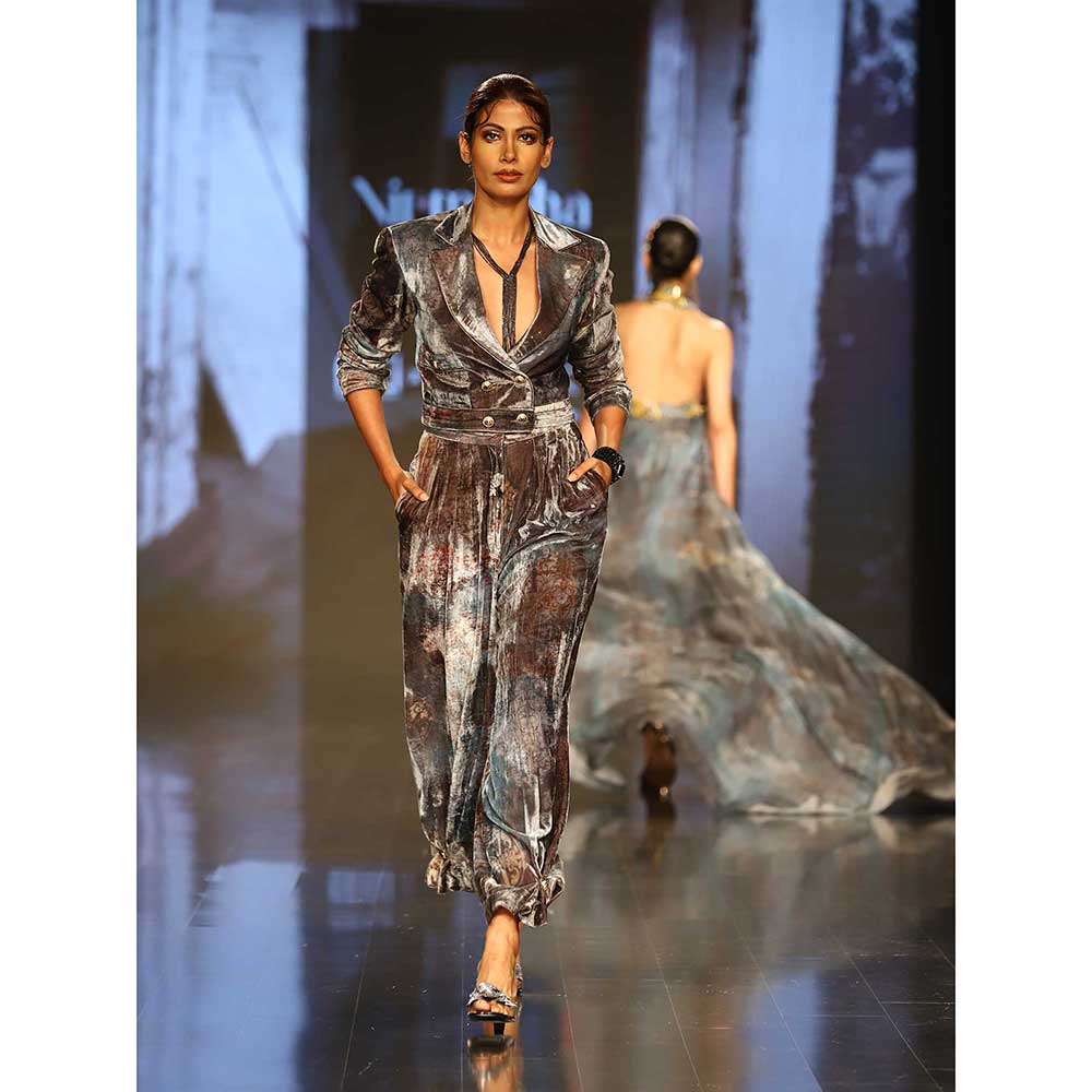 Nirmooha Printed Velvet Crop Blazer Paired with Pleated Pants (Set of 2)