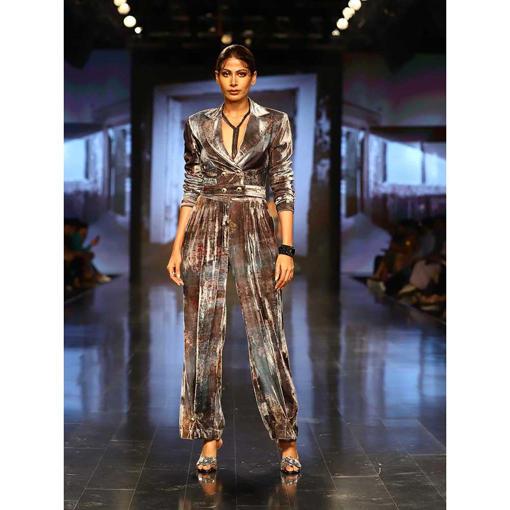 Nirmooha Printed Velvet Crop Blazer Paired with Pleated Pants (Set of 2)