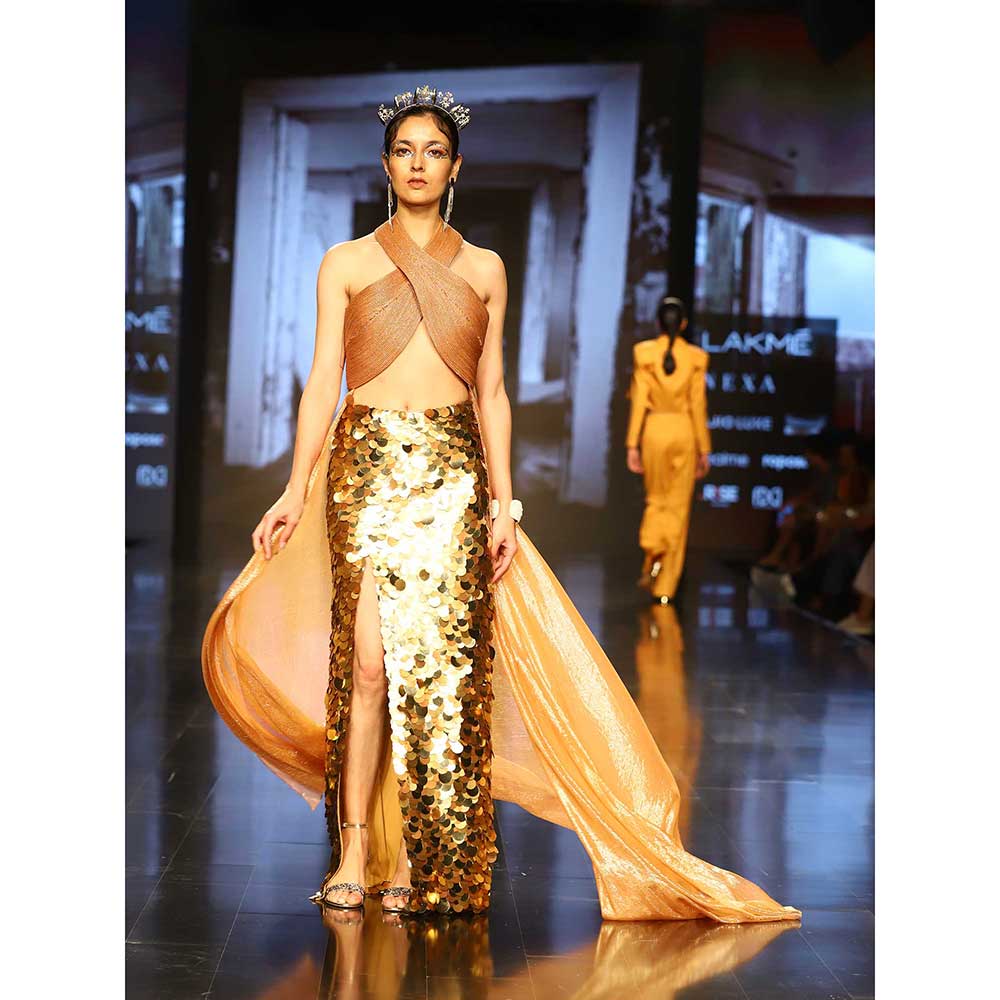 Nirmooha Tan Lurex Corded Crisscross Beachwear and Skirt (Set of 2)