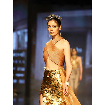 Nirmooha Tan Lurex Corded Crisscross Beachwear and Skirt (Set of 2)