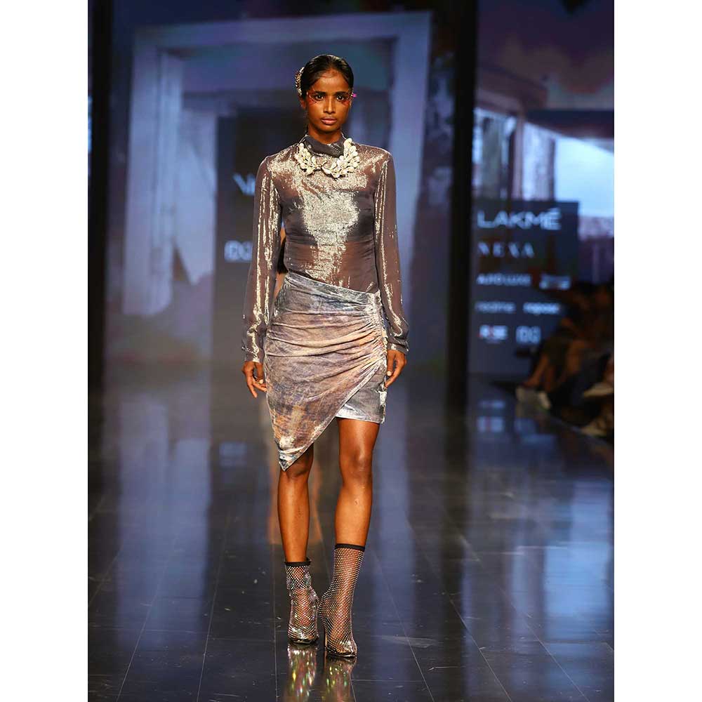 Nirmooha Grey Lurex Fitted Turtle Neck Top with Bustier and Printed Draped Skirt (Set of 3)