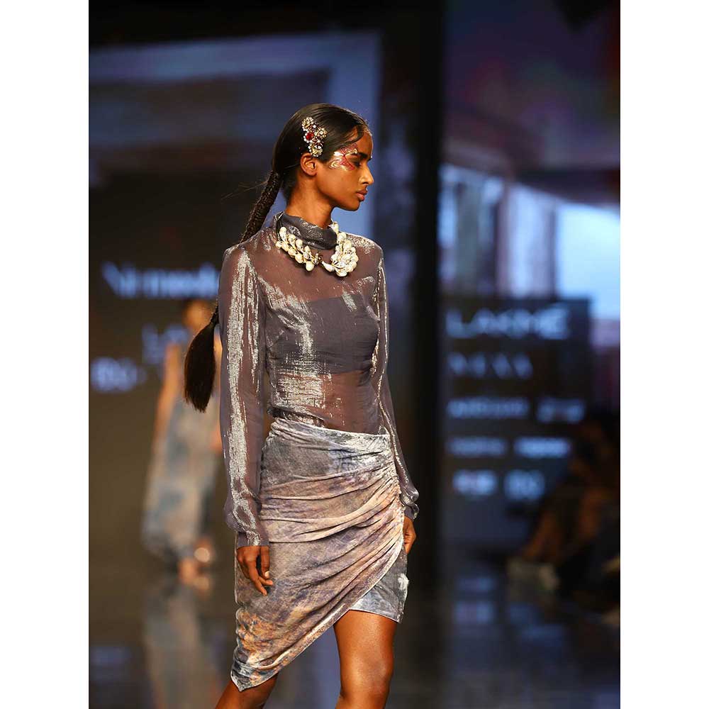 Nirmooha Grey Lurex Fitted Turtle Neck Top with Bustier and Printed Draped Skirt (Set of 3)