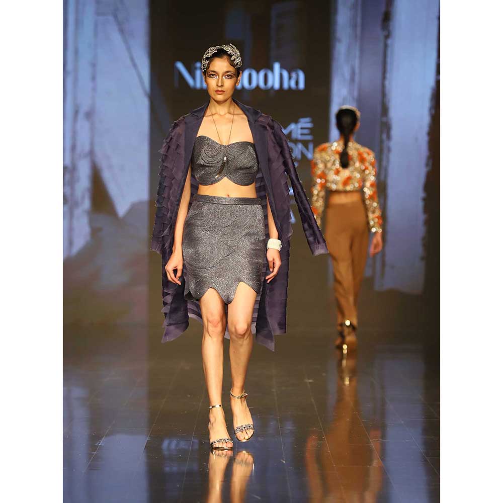 Nirmooha Lurex Corded Bustier Skirt and Organza Layered Jacket (Set of 3)