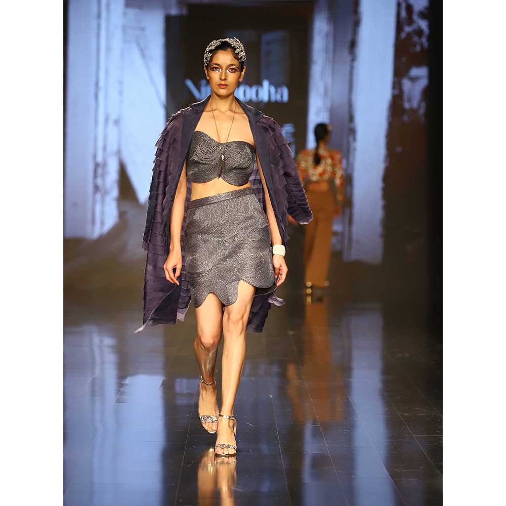 Nirmooha Lurex Corded Bustier Skirt and Organza Layered Jacket (Set of 3)