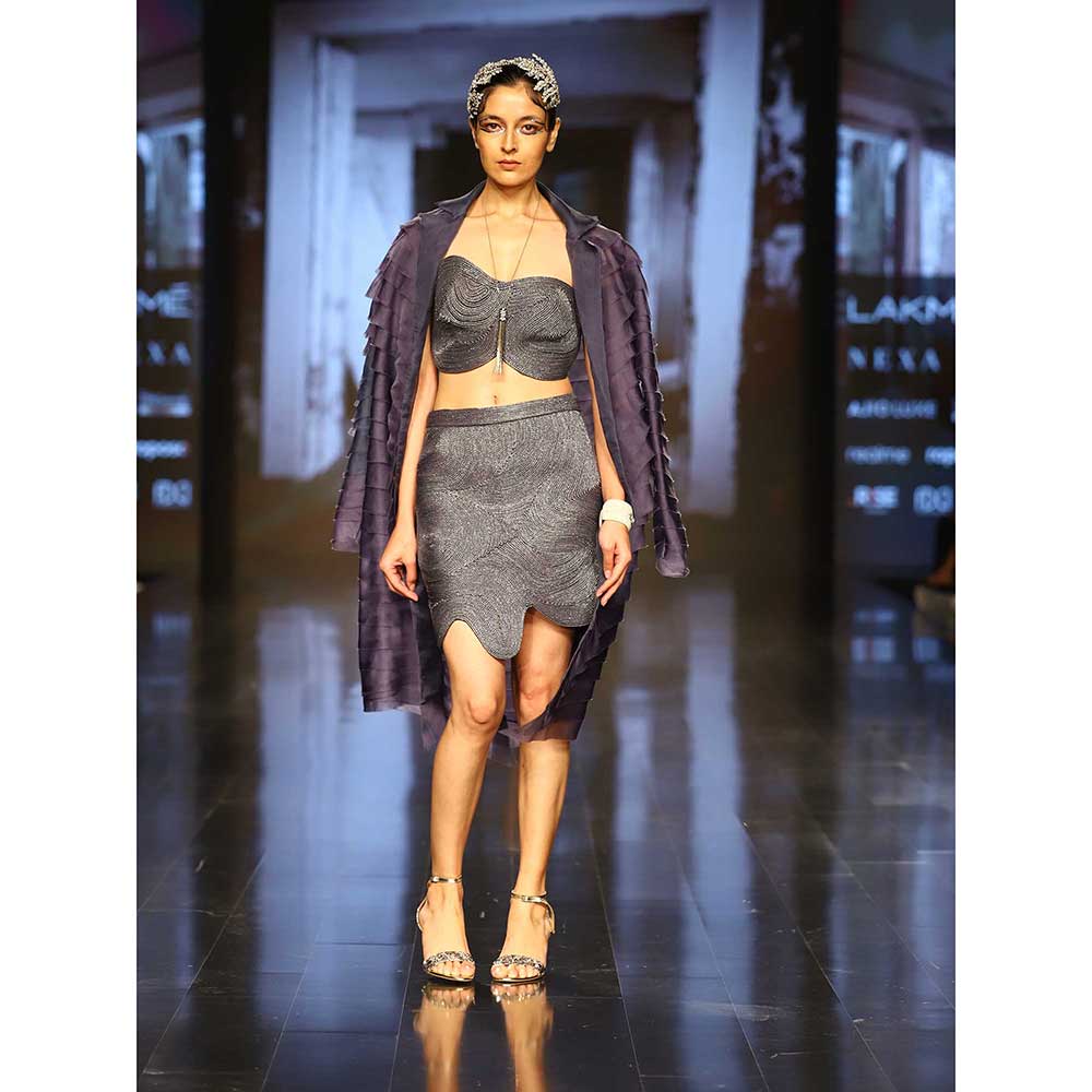 Nirmooha Lurex Corded Bustier Skirt and Organza Layered Jacket (Set of 3)