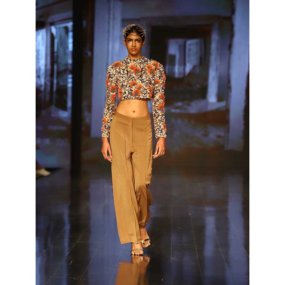 Nirmooha Embroidered Power Shoulder Crop Top with Straight Pants (Set of 2)