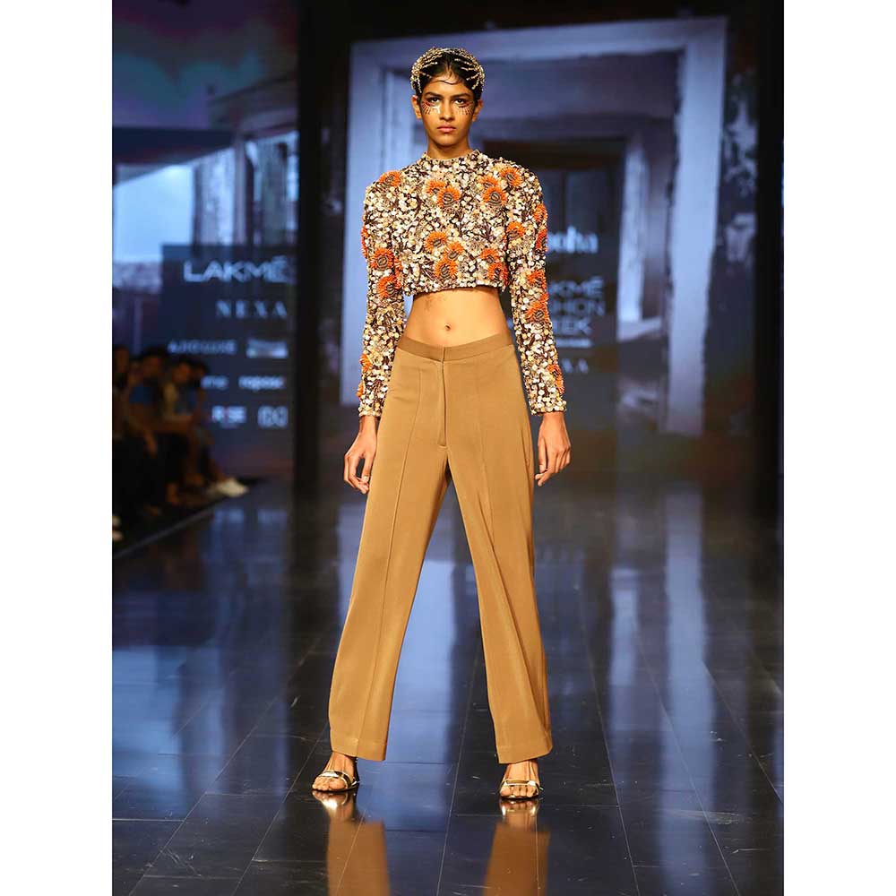 Nirmooha Embroidered Power Shoulder Crop Top with Straight Pants (Set of 2)