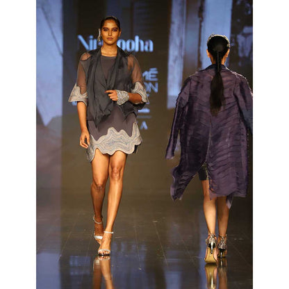 Nirmooha Grey Micro Fitted Dress with Organza Jacket (Set of 2)
