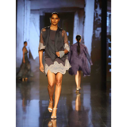 Nirmooha Grey Micro Fitted Dress with Organza Jacket (Set of 2)