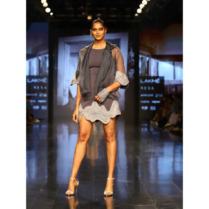 Nirmooha Grey Micro Fitted Dress with Organza Jacket (Set of 2)
