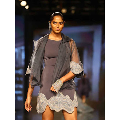 Nirmooha Grey Micro Fitted Dress with Organza Jacket (Set of 2)