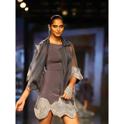 Nirmooha Grey Micro Fitted Dress with Organza Jacket (Set of 2)